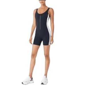 New Gigi C Theo Zip Front Colorblocked Romper Black White L